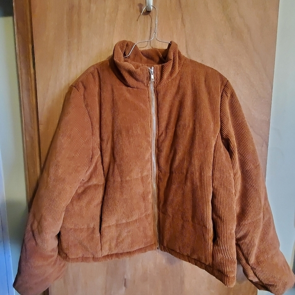 Shein.  Brown zip up puffer corduroy cropped jacket.  Sz large. - Picture 2 of 8
